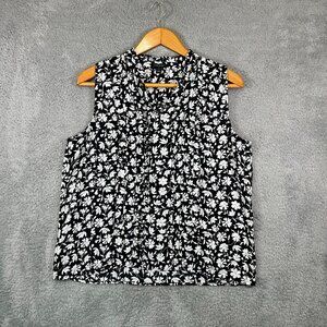 Ann Taylor‎ Womens Sleeveless Blouse Top Size L Black White Floral V-Neck